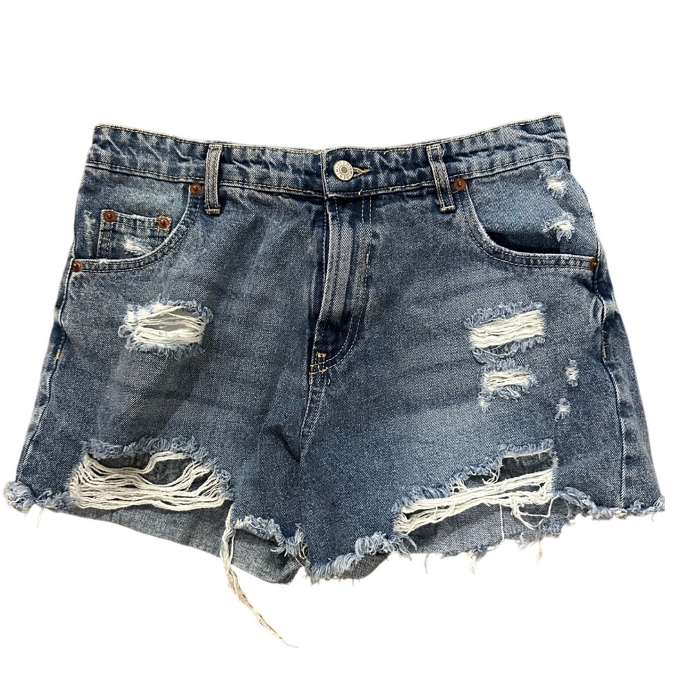 Love Tree‎ Denim Distressed Jean Shorts Medium Wash Frayed Hem Womens Size M